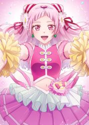 1girl back_bow bow clover_earrings cone_hair_bun cure_yell earrings flower four-leaf_clover_earrings gradient_background hair_bun hair_flower hair_ornament hair_ribbon heart heart_hair_ornament heart_pouch highres hugtto!_precure jewelry layered_skirt long_hair looking_at_viewer magical_girl navel nono_hana open_mouth pink_background pink_eyes pink_hair pink_shirt pink_skirt pom_pom_(cheerleading) precure ribbon ryoko_sister_apple shirt skirt smile solo thick_eyelashes waist_brooch