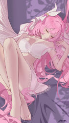 1girl absurdres ai_dongdong alternate_costume barefoot bra breasts chinese_commentary closed_eyes commentary_request elysia_(herrscher_of_human:_ego)_(honkai_impact) elysia_(honkai_impact) feet highres honkai_(series) honkai_impact_3rd long_hair lying medium_breasts on_back pink_hair skirt solo toes underwear veil very_long_hair white_bra white_skirt