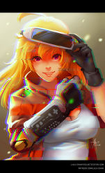 1girl 2018 adjusting_goggles alternate_costume black_gloves blonde_hair breasts chromatic_aberration cleavage dated female_focus gloves goggles goggles_on_head head-mounted_display highres jacket letterboxed long_hair lulu-chan92 nintendo power_glove prosthesis prosthetic_arm purple_eyes ready_player_one rwby smile solo watermark web_address yang_xiao_long