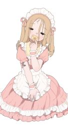 1girl absurdres apron arm_tattoo bib black_eyes blonde_hair commentary dress english_commentary frilled_apron frilled_wrist_cuffs frills full_body hair_between_eyes hair_ribbon highres long_hair long_hair_between_eyes looking_at_viewer maid maid_headdress mixed-language_commentary original pacifier pink_dress pink_nails pink_ribbon pink_wrist_cuffs possummachine ribbon short_sleeves solo tattoo twintails white_apron white_background wrist_cuffs