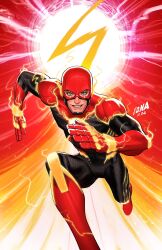 1boy black_bodysuit blue_eyes bodysuit david_nakayama dc_comics electricity grin highres initial lightning_bolt_symbol looking_at_viewer multicolored_bodysuit red_bodysuit running smile solo superhero_costume the_flash