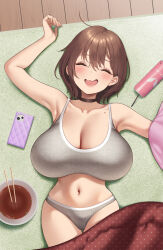 1girl :3 bare_shoulders blanket blush bra breasts brown_choker brown_hair can cellphone choker chopsticks cleavage closed_eyes collarbone drooling grey_bra grey_panties highres huge_breasts lying medium_hair mole navel on_back open_mouth original panties phone pokachu saliva smartphone smile solo stomach thighs underwear wooden_floor