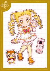 Rule 34 | 1girl, :o, animal print, bird, blonde hair, boots, border, bow, bow choker, bowtie, butterfly earrings, butterfly print, cellphone, choker, cure lemonade, deformed, dot nose, dotted line, dress, drill hair, earrings, expressionless, eyelashes, flip phone, flower, forehead, frilled arm warmers, frilled socks, frills, full body, green brooch, grid background, hand up, high heel boots, high heels, highres, jewelry, kasugano urara (yes! precure 5), long hair, looking at viewer, magical girl, outline, over-kneehighs, parted lips, penguin, petticoat, phone, pink bow, pink bowtie, precure, puffy short sleeves, puffy sleeves, ringlets, rose, short dress, short sleeves, signature, socks, standing, syrup (yes! precure 5), tareme, thighhighs, twin drills, uwded 207, watch, white arm warmers, white background, white dress, white outline, wristwatch, yellow boots, yellow border, yellow bow, yellow choker, yellow eyes, yellow socks, yes! precure 5