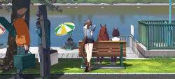 2boys 4girls animal_ears bag baseball_cap beanie bench black_pants black_shorts blue_jacket boots brown_hair brown_shoes cutoffs day denim denim_jacket fishing grey_hair hand_on_own_hip hat holding holding_bag horse_ears horse_girl horse_tail jacket long_hair long_sleeves mejiro_bright_(umamusume) multiple_boys multiple_girls nakayama_festa_(umamusume) newsboy_cap nishino_flower_(umamusume) orange_jacket outdoors overalls pants railing red_pants river seiun_sky_(umamusume) shadow shoes short_hair shorts sign sneakers tail takuzui tree umamusume umbrella