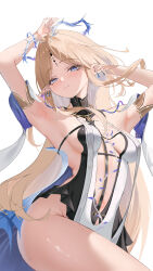 1girl absurdres armpits arms_up bare_shoulders black_collar black_dress blonde_hair blue_eyes blush breasts cartethyia_(wuthering_waves) closed_mouth collar collarbone commentary crown_of_thorns dress earrings highres jewelry light_smile long_hair looking_at_viewer medium_breasts necklace parted_bangs pointy_ears revealing_clothes sidelocks simple_background solo tabard tacet_mark_(wuthering_waves) thighs user_vnea4558 very_long_hair white_background white_tabard wuthering_waves