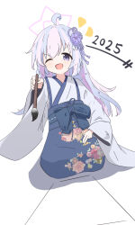 blue_archive blue_hair calligraphy_brush facing_viewer hair_ornament halo highres holding holding_paintbrush japanese_clothes kimono kneeling looking_at_viewer multicolored_hair one_eye_closed paintbrush pink_hair pink_halo purple_eyes reaching reaching_towards_viewer reisa_(blue_archive) simple_background star_(symbol) star_halo user_uecy3552 yukata