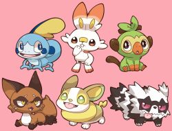 2027_(submarine2027) :o black_eyes blue_eyes blush_stickers buck_teeth chestnut_mouth chibi colored_sclera commentary_request fangs full_body galarian_form galarian_zigzagoon gen_3_pokemon gen_8_pokemon grookey looking_at_another nickit nintendo no_humans open_mouth pink_background pokemon pokemon_(creature) red_sclera scorbunny sitting sobble starter_pokemon_trio teeth tongue tongue_out yamper yellow_eyes zigzagoon