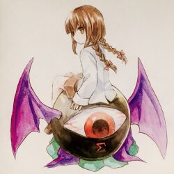 Rule 34 | 1girl, bat wings, bow, braid, brown eyes, brown hair, brown shoes, brown shorts, commentary request, evil eye sigma, hair bow, highres, kaigen 1025, long hair, long sleeves, painting (medium), purple wings, rika (touhou), shirt, shoes, shorts, simple background, sitting, sleeves past wrists, touhou, touhou (pc-98), traditional media, twin braids, watercolor (medium), white background, white shirt, wings