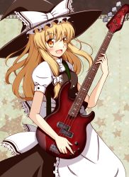1girl :d absurdres aikawa_ryou bass_guitar blonde_hair female_focus guitar hat highres instrument kirisame_marisa long_hair open_mouth smile solo touhou witch witch_hat yamaha yamaha_bb yamaha_broadbass yellow_eyes
