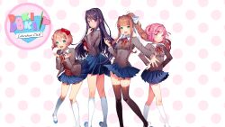 4girls :d :t annoyed arm_under_breasts black_thighhighs blazer blue_eyes blue_skirt blush book bow breasts brown_hair brown_sweater_vest buttons collared_shirt contrapposto copyright_name curled_fingers doki_doki_literature_club doki_doki_literature_club_school_uniform dot_nose double-parted_bangs dress_shirt embarrassed excited eyebrows_hidden_by_hair feet_out_of_frame fingernails from_side furrowed_brow game_cg green_eyes grey_jacket grin hair_between_eyes hair_bow hair_intakes hair_ornament hair_ribbon hairclip half-closed_eyes hand_on_own_chin hands_on_own_hips high_ponytail highres holding holding_book holding_pen impossible_clothes jacket kneehighs large_bow large_breasts leaning_forward logo long_eyelashes long_hair long_sidelocks looking_at_viewer looking_to_the_side mary_janes medium_breasts miniskirt monika_(doki_doki_literature_club) multiple_girls natsuki_(doki_doki_literature_club) neck_ribbon nervous non-web_source official_art official_wallpaper open_clothes open_hand open_jacket open_mouth outstretched_arm parted_bangs parted_hair parted_lips pen pink_eyes pink_hair pleated_skirt polka_dot polka_dot_background ponytail purple_eyes purple_hair raised_eyebrows red_bow red_ribbon ribbon satchely sayori_(doki_doki_literature_club) school_uniform shirt shoes short_hair shy sidelocks skindentation skirt small_breasts smile socks standing straight-on sweater_vest tareme teeth thick_eyelashes thighhighs thighs two_side_up upper_teeth_only v-neck v-shaped_eyebrows very_long_hair walking wavy_hair white_background white_bow white_shirt white_shoes white_socks wide-eyed wing_collar x_hair_ornament yuri_(doki_doki_literature_club) zettai_ryouiki