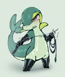 1girl azuu_(azuucookie) black_boots boots colored_skin female_focus full_body furry furry_female gen_5_pokemon green_background green_skin half-closed_eyes hand_up highres holding holding_whip legs_apart looking_afar mole mole_under_eye multicolored_skin nintendo outstretched_arm parted_lips pokemon pokemon_(creature) red_eyes sideways_mouth simple_background sketch snivy solo standing teeth thigh_boots two-tone_skin