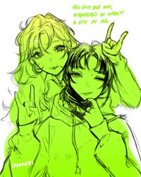 2girls \n/ artist_name behind_another collared_shirt commentary copyright_name derivative_work earrings english_commentary green_theme hand_up heads_together highres hood hood_down hoodie hoop_earrings jewelry kininatteru_hito_ga_otoko_ja_nakatta koga_mitsuki layuneki light_smile long_hair long_sleeves looking_at_viewer mask mask_pull mole mole_under_eye monochrome mouth_mask multiple_girls one_eye_closed oosawa_aya ring shirt simple_background upper_body white_background