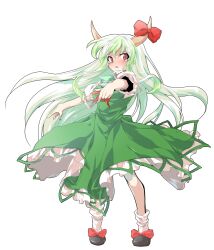 1girl alphes_(style) blush bow breasts commentary_request crying crying_with_eyes_open dairi dress ex-keine full-face_blush full_body green_dress green_hair highres horn_bow horn_ornament horns kamishirasawa_keine large_variant_set long_hair looking_at_viewer multicolored_hair open_mouth outstretched_arm parody red_bow red_eyes shoes short_sleeves socks solo style_parody tachi-e tears touhou transparent_background two-tone_hair variant_set very_long_hair white_hair white_sleeves white_socks