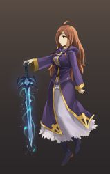 10s 1girl ahoge black_background black_legwear black_shoes breasts brown_background brown_hair closed_mouth cross dress female_focus frostmourne full_body glowing glowing_sword glowing_weapon gradient_background highres holding holding_sword holding_weapon hood hood_down kono_subarashii_sekai_ni_shukufuku_wo! large_breasts light_particles long_dress long_hair long_sleeves looking_at_viewer looking_to_the_side outstretched_arm parted_bangs purple_dress sendo_(sendrawz) shoes simple_background skirt solo sword warcraft warcraft_iii weapon wiz_(konosuba) yellow_eyes
