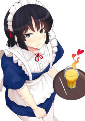 1girl apron black_eyes black_hair blue_dress blush closed_mouth cover_image cup dress dress_tug drink drinking_straw from_above hashtag-only_commentary heart highres holding holding_tray kujou_meika looking_at_viewer maid maid_apron maid_headdress meika-san_wa_oshikorosenai neck_ribbon puffy_short_sleeves puffy_sleeves red_ribbon ribbon saitou_shouki short_hair short_sleeves simple_background solo sweat thighhighs tray waist_apron white_apron white_background white_thighhighs