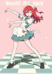 1girl absurdres alternate_costume apron artist_logo blush bocchi_the_rock! dress english_text enmaided frilled_apron frills green_dress green_eyes hair_between_eyes highres kita_ikuyo logo long_hair looking_at_viewer maid maid_apron maid_headdress minusk9 one_eye_closed one_side_up open_mouth red_hair short_sleeves smile solo standing twitter_username white_apron