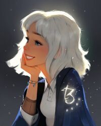Rule 34 | 1girl, :d, blue coat, blue eyes, bracelet, clothes writing, coat, collared shirt, glowing, glowing hair, grin, hand on own chin, highres, jewelry, light particles, medium hair, open mouth, original, procreate (medium), sam yang, shirt, smile, upper body, white hair, white shirt