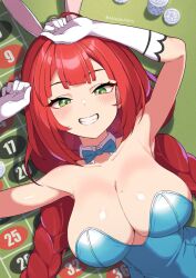 1girl akisaka_akira animal_ears armpits artist_name blue_leotard blush bow bowtie braid breasts commentary_request detached_collar elbow_gloves fake_animal_ears gloves green_eyes grin large_breasts leotard long_hair looking_at_viewer mole mole_on_breast playboy_bunny poker_table rabbit_ears red_hair smile solo table twin_braids twintails ukinami_yuzuha white_gloves zenless_zone_zero