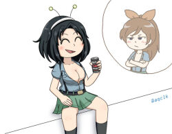 2girls alternate_costume aoshidan_school_uniform aqclk areola_slip belt belt_buckle black_belt black_hair black_socks blue_shirt blush bow breasts brown_hair buckle can closed_eyes crossed_arms energy_drink fake_antennae girls_und_panzer girls_und_panzer_phase_erika green_skirt hair_bow hairband holding holding_can large_breasts lili_(girls_und_panzer) long_hair miniskirt multiple_girls open_mouth orange_bow ponytail school_uniform shirt short_hair signature skirt small_breasts smile socks suspender_skirt suspenders touko_(girls_und_panzer) white_hairband