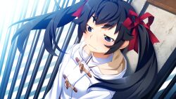 Rule 34 | 1girl, antenna hair, black hair, blue eyes, blush, closed mouth, coat, day, duffel coat, dutch angle, game cg, gate, grisaia (series), grisaia no meikyuu, hair ribbon, hood, hood down, hooded coat, long hair, matsushima michiru, nervous, nervous sweating, non-web source, outdoors, red ribbon, ribbon, shirt, solo, sweat, sword, toggles, turtleneck, turtleneck shirt, twintails, upper body, watanabe akio, weapon, white coat, white shirt