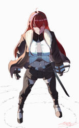 1girl abs absurdres ahoge arms_at_sides black_hairband black_shorts breasts clenched_hands closed_mouth commentary crossed_bangs danutt english_commentary eris_greyrat full_body fur-trimmed_jacket fur_trim hair_between_eyes hairband highres jacket large_breasts legs_apart long_hair looking_at_viewer mushoku_tensei navel red_eyes red_hair shirt shorts signature simple_background solo standing sword weapon white_background white_shirt