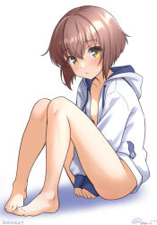 1girl barefoot blush brown_eyes brown_hair embarrassed hood hooded_jacket hoodie jacket kantai_collection long_sleeves looking_at_viewer naked_hoodie naked_jacket no_panties one-hour_drawing_challenge ray.s short_hair sitting solo white_background white_jacket yukikaze_(kancolle) yukikaze_(swimsuit)_(kancolle)