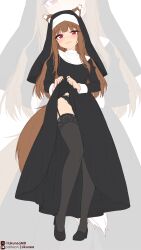 Rule 34 | 1girl, absurdres, animal ear fluff, animal ears, black dress, black panties, black shoes, black thighhighs, blush, brown hair, closed mouth, clothes lift, coif, commentary, dress, dress lift, ears through headwear, english commentary, full body, garter straps, highres, holo, lifting own clothes, light smile, likunea, long hair, long sleeves, looking at viewer, nun, panties, patreon logo, patreon username, red eyes, shoes, spice and wolf, standing, tail, thighhighs, twitter username, twitter x logo, underwear, very long hair, wolf ears, wolf girl, wolf tail, zoom layer