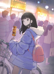 1girl 3girls 4boys absurdres backpack bag bicycle black_hair black_mask black_pantyhose blue_jacket blunt_bangs closed_mouth cropped_legs down_jacket food fur-trimmed_hood fur_trim heart heart_in_eye highres holding holding_skewer hood hood_down hooded_jacket jacket long_hair long_sleeves mask mouth_mask multiple_boys multiple_girls night original outdoors pantyhose red_bag skewer solo_focus symbol_in_eye taiwan yang0926