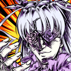 Rule 34 | 1girl, araki hirohiko (style), barasuishou, closed mouth, commentary request, fingernails, flower, flower eyepatch, flower over eye, grey hair, jojo no kimyou na bouken, long hair, orange background, parody, pink flower, pink rose, purple flower, purple rose, purple shirt, rose, rozen maiden, sasa ichi, shirt, smile, solo, upper body