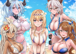 5girls ahoge animal_ears armpits asymmetrical_bangs backless_outfit bare_shoulders beach beatrix_(granblue_fantasy) bikini blonde_hair blue_bikini blue_hair blue_sky blush braid breasts brown_eyes brown_hair cat_ears cleavage clothing_cutout collarbone commentary_request dark-skinned_female dark_skin day detached_collar diadem draph erune flower granblue_fantasy hair_between_eyes hair_flower hair_intakes hair_ornament hair_tubes hairband halterneck hat hat_flower heles heles_(summer)_(granblue_fantasy) hibiscus highleg highleg_swimsuit horns izmir izmir_(summer)_(granblue_fantasy) jeanne_d&#039;arc_(granblue_fantasy) jeanne_d&#039;arc_(summer)_(granblue_fantasy) large_breasts leaning_forward lily_(flower) long_braid long_hair looking_at_viewer midriff mole mole_under_mouth multiple_girls navel ocean one-piece_swimsuit open_mouth outdoors pointy_ears ponytail purple_bikini red_eyes sayo_ayato side-tie_bikini_bottom single_braid sitting sky standing stomach sunglasses swimsuit turtleneck underboob_cutout very_long_hair water white_bikini white_flower white_hair white_one-piece_swimsuit zooey_(granblue_fantasy) zooey_(summer)_(granblue_fantasy)