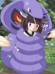 !? 1girl arbok blunt_bangs blush brown_hair commentary_request constriction forked_tongue full_body gen_1_pokemon grass headgear highres lets0020 looking_at_viewer motion_blur nintendo open_mouth pokemon pokemon_(creature) red_eyes short_bangs short_hair smile snake surprised tongue touhoku_kiritan tree voiceroid