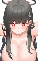 1girl absurdres black_hair blue_archive blunt_bangs blush breasts bright_pupils cleavage close-up hair_behind_ear hair_ornament hairclip halo hanging_breasts highres huge_breasts kano_(wi3028) leaning_forward long_hair looking_at_viewer nude outstretched_arms parted_lips reaching reaching_towards_viewer red_eyes rio_(blue_archive) simple_background solo sweat upper_body very_long_hair white_background white_pupils