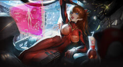 1girl absurdres artist_request blue_eyes bodysuit breasts brown_hair drinking_straw hair_ornament hand_in_own_hair highres legs_together long_hair looking_at_viewer lying machinery mecha_pilot_suit medium_breasts neon_genesis_evangelion on_side parted_lips plugsuit_(evangelion) red_bodysuit shiny_clothes souryuu_asuka_langley vehicle_interior wide_hips