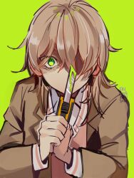 1girl 2021 blazer blood boxcutter brown_jacket coll_(erichankun) collared_shirt covered_mouth green_background green_blood green_eyes hair_over_one_eye holding holding_boxcutter jacket kusunoki_muu light_brown_hair long_sleeves looking_at_viewer milgram one_eye_covered pink_sweater red_ribbon ribbon school_uniform shirt short_hair signature solo sweater white_shirt