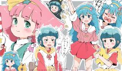 :d :o anger_vein arm_up blue_eyes blue_hair blush_stickers border commentary_request creamy_mami english_text fangs gomennasai grey_background hairband long_hair long_sleeves mahou_no_princess_minky_momo mahou_no_tenshi_creamy_mami mahou_no_yousei_persia minky_momo morisawa_yuu open_mouth outline parted_lips persia_(mahou_no_yousei_persia) pink_hair pink_shirt pleated_skirt puffy_long_sleeves puffy_short_sleeves puffy_sleeves red_skirt shirt short_sleeves signature simba_(persia) skirt smile squeans star_(symbol) translation_request v-shaped_eyebrows very_long_hair watermark white_border white_outline white_shirt yellow_hairband