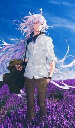 1boy bag bandana bandana_around_neck black_bag blue_bandana blue_sky brown_jacket brown_pants buttons cloud commentary day dress_pants fate/grand_order fate_(series) field floating_hair flower flower_field hand_in_pocket holding holding_jacket holding_unworn_clothes jacket lavender_(flower) looking_to_the_side male_focus merlin_(fate) merlin_(under_the_same_sky)_(fate) official_art outdoors pants parted_lips photo_background purple_flower red_eyes shirt shoulder_bag sky sleeves_rolled_up smile solo standing sunlight taiki_(luster) teeth third-party_source unworn_jacket watch white_hair white_shirt wristwatch