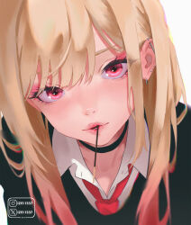 1girl barbell_piercing black_cardigan black_choker blonde_hair cardigan choker colored_tips ear_piercing earrings food food_in_mouth highres incoming_pocky_kiss instagram_logo instagram_username izei1337 jewelry kitagawa_marin lips long_hair looking_at_viewer multicolored_hair necktie parted_lips piercing pink_eyes pocky pocky_in_mouth portrait red_necktie school_uniform solo sono_bisque_doll_wa_koi_wo_suru twitter_username twitter_x_logo winter_uniform