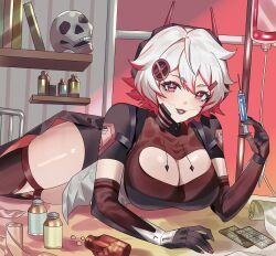 Rule 34 | absurdres, black lips, breasts, cleavage, commission, elbow gloves, gloves, hair ornament, hairpin, headgear, highres, holding, holding syringe, large breasts, multicolored hair, pill bottle, red eyes, red hair, second-party source, sinthya sanguine, skeb commission, skull, smile, streaked hair, symbol-shaped pupils, syringe, thighhighs, thighs, v84014729, vallure, virtual youtuber, white hair