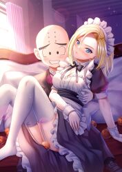 1boy 1girl android_18 bald bald_male bed black_eyes blonde_hair blue_eyes blush breasts carrying cleavage couple dragon_ball dragon_ball_(object) embarrassed formal_clothes happy highres husband_and_wife kuririn looking_at_viewer maid pillow princess_carry smile suit thick_thighs thighs