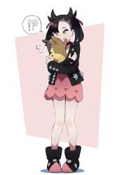 !? 1girl :t asymmetrical_bangs bare_legs black_boots black_choker black_hair black_jacket black_nails boots choker dress earrings full_body gen_8_pokemon green_eyes hair_ribbon hands_on_own_cheeks hands_on_own_face highres holding holding_pokemon hug jacket jewelry looking_at_another marnie_(pokemon) morpeko morpeko_(full) nintendo pink_dress pokemon pokemon_(creature) pokemon_swsh red_ribbon ribbon simple_background standing stud_earrings twintails undercut white_background yaruse_nai_(minri)