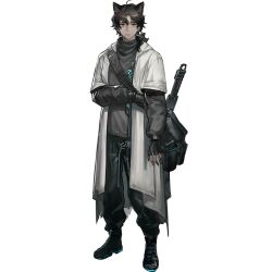 animal_ears arknights bag black_hair fingerless_gloves five-fall full_body gloves grey_sweater guard_(arknights) official_art pants scar scar_on_face scarf shoulder_bag sweater yellow_eyes