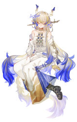 Rule 34 | 1girl, absurdres, ankle boots, arknights, black boots, blonde hair, blue hair, boots, chinese commentary, closed eyes, closed mouth, colored extremities, commentary, dragon girl, dragon horns, dragon tail, earrings, facing viewer, grey hair, highres, horns, invisible chair, jacket, jewelry, kyo (yoshina), long hair, long sleeves, multicolored hair, necklace, off shoulder, pants, pointy ears, shu (arknights), signature, simple background, sitting, solo, strapless, tail, tube top, very long hair, watermark, white background, white jacket, white pants, white tube top