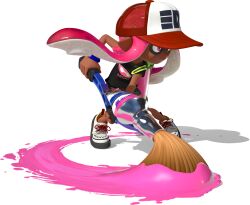 1girl 3d absurdres bare_arms baseball_cap bike_shorts black_shirt dynamic_pose eye_mask facing_to_the_side full_body gradient_hair hat highres holding holding_weapon hunched_over ink_tank_(splatoon) inkbrush_(splatoon) inkling inkling_girl inkling_player_character laura_(splatoon) long_hair looking_ahead multicolored_hair nintendo official_art orange_eyes pink_hair shirt shoelaces shoes short_eyebrows short_hair_with_long_locks sidelocks smile solo splatoon_(series) splatoon_1 spotted_hair suction_cups t-shirt tentacle_hair thick_eyebrows transparent_background two-tone_hair weapon white_shoes