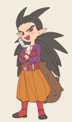 Rule 34 | 1girl, :d, absurdres, black hair, blush stickers, boots, commentary request, dragon quest, dragon quest builders 2, full body, gloves, grey background, highres, jacket, long hair, long sleeves, looking at viewer, namori, open clothes, open jacket, open mouth, orange pants, pants, pointy ears, purple jacket, red boots, red eyes, red gloves, sidoh (dqb2), simple background, smile, solo, standing, weapon