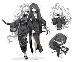 2girls artist_request barefoot black_eyes black_hair chibi eyepatch highres japanese_clothes katana kimono long_sleeves multiple_girls okobo original platform_sandals ringed_eyes sandals scar sword walking weapon white_hair