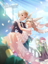 1boy animal_ears blunt_bangs bride cat_ears dress formal_clothes gloves grey_hair groom hey_cre highres husband_and_wives multiple_girls mythra_(xenoblade) nia_(xenoblade) pyra_(xenoblade) rex_(xenoblade) short_hair suit wedding wedding_dress white_gloves white_suit xenoblade_chronicles_(series) xenoblade_chronicles_2 yellow_eyes