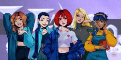 Rule 34 | 2020, 5girls, blonde hair, blue jacket, blue overalls, book, commentary, cornelia hale, cowboy shot, crop top, dark-skinned female, dark skin, english commentary, glasses, hairband, hay lin, highres, holding, holding book, irma lair, jacket, koburashiwa, looking at viewer, medium hair, multiple girls, orange hairband, overalls, red hair, short hair, smile, taranee cook, turtleneck, twintails, w.i.t.c.h., will vandom