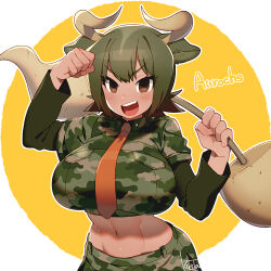 1girl :d abs animal_ears arm_up aurochs_(kemono_friends) bad_id bad_twitter_id blush breasts brown_eyes camouflage camouflage_shirt camouflage_skirt character_name circle clenched_hand collared_shirt cow_ears cow_girl cow_horns dark-skinned_female dark_skin dumbbell eyelashes gradient_hair green_hair green_shirt groin holding horn_lance horns huge_breasts kemono_friends kiri_futoshi layered_clothes leaning_forward midriff multicolored_hair navel necktie nose_blush open_mouth orange_necktie outline polearm sharp_teeth shirt signature skirt smile solo spiked_hair taut_clothes taut_shirt teeth toned tsurime undershirt upper_body v-shaped_eyebrows weapon white_background