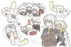 Rule 34 | 6+girls, animalization, apron, ardor blossom star (e.g.o), black shirt, blade lineage (identity) (project moon), blue eyes, brown apron, cat, closed eyes, closed mouth, collared shirt, computer, e.g.o (project moon), faust (project moon), food, frown, fruit, glasses, highres, hug, laptop, lce (identity) (project moon), limbus company, mandarin orange, multiple girls, multiple persona, n corp. fanatic (identity) (project moon), necktie, ohzv, open mouth, project moon, ribbed sweater, round eyewear, seven association south uniform, shirt, short hair, side ponytail, simple background, stack, sweater, white background, white hair, wuthering heights (identity) (project moon), yellow necktie