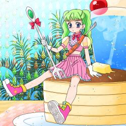 Rule 34 | 1girl, blue eyes, bow, butter, cherry, eyelashes, food, fork, fruit, fujishima moyu, full body, green hair, highres, holding, holding fork, long hair, original, pancake, pancake stack, parted lips, pink shoes, pink skirt, pleated skirt, puffy short sleeves, puffy sleeves, red bow, see-through clothes, see-through sleeves, shoes, short sleeves, skirt, sneakers, socks, solo, twintails, weapon, weapon on back, white socks
